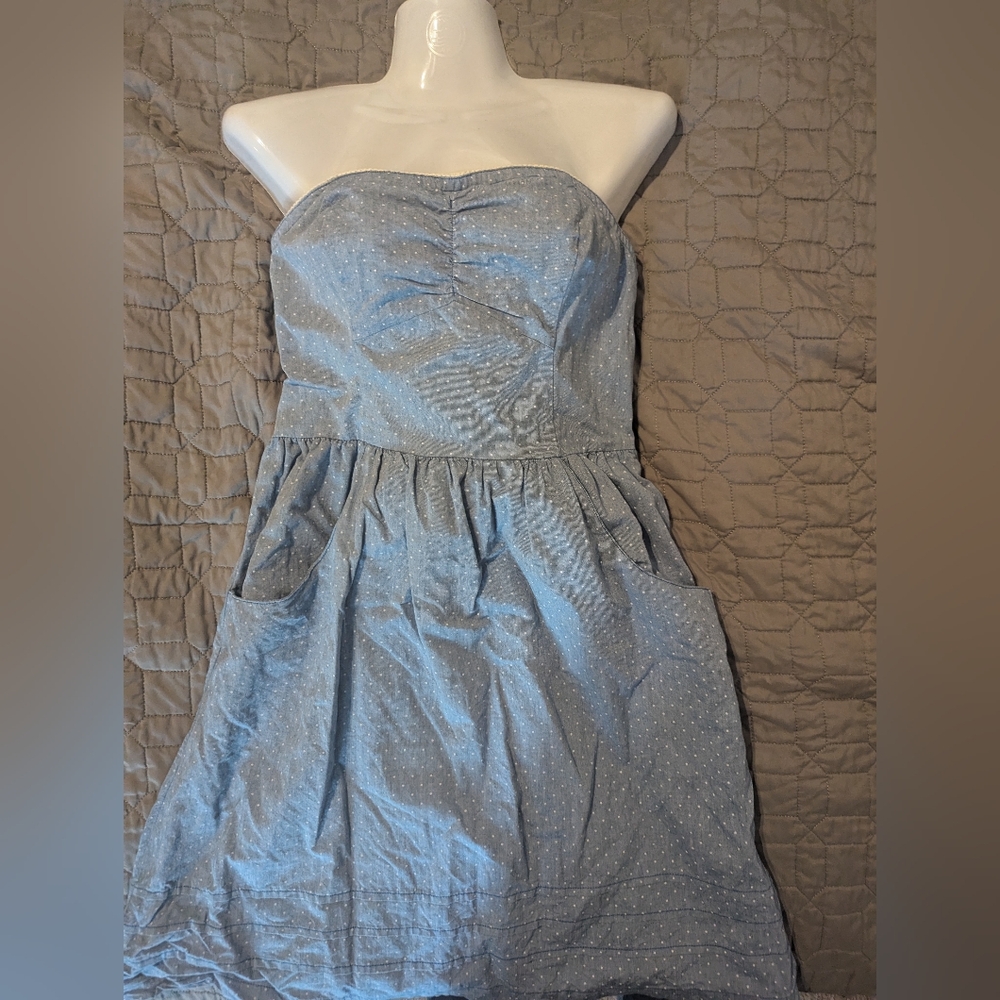 Blue and white poka dot strapless summer dress